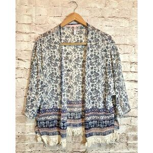 Xhiliration | Open Front Floral Kimono Cove-Up w/ Fringe Detailing Bell Sleeves